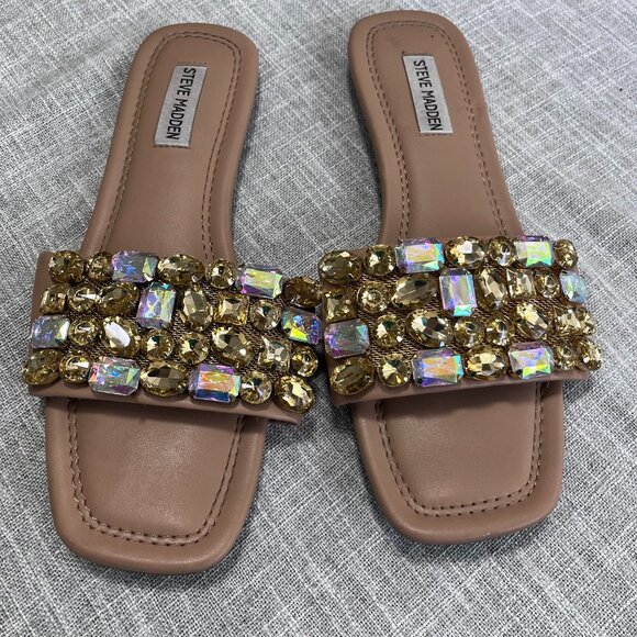 Steve Madden Brionna Rhinestone Slip on Flat Sandals Gold and Tan Women Size 9 - Picture 4 of 10